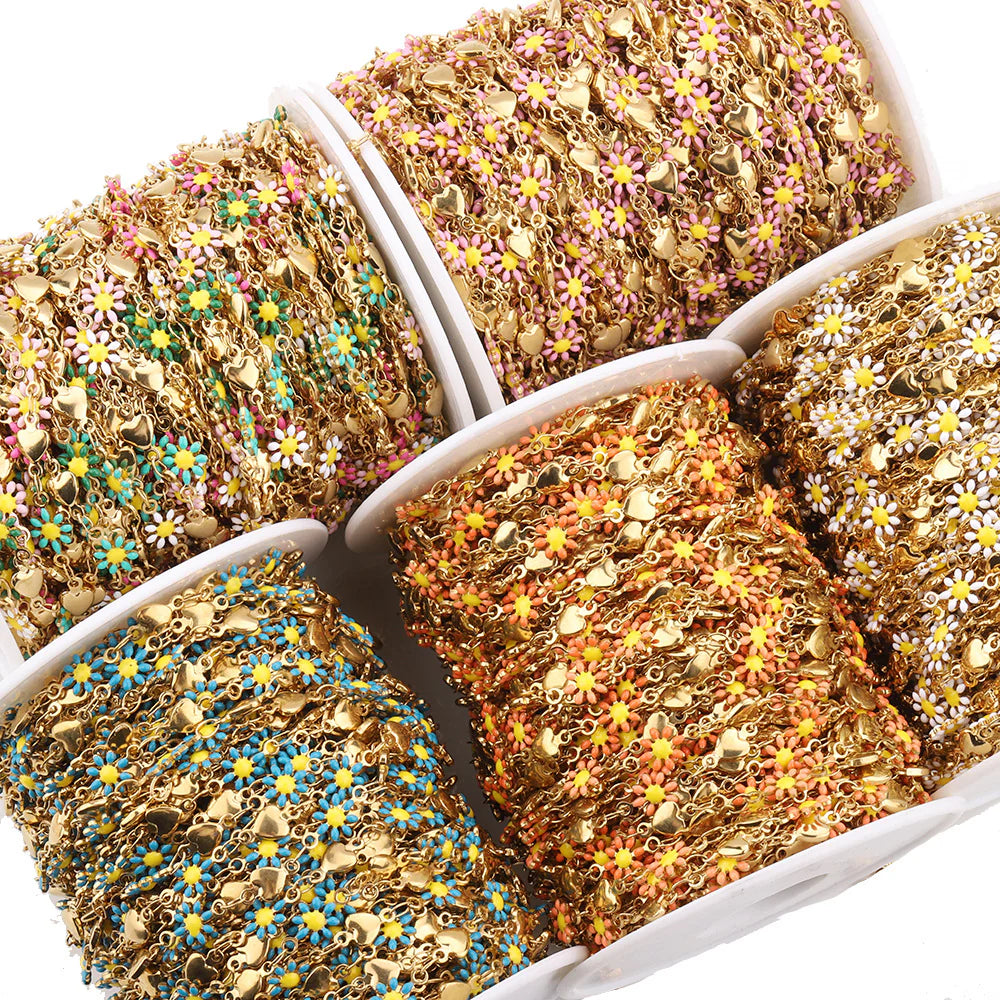 WG1043 Daisy and Heart Enamel Chain-Vacuum Plating Waterproof Stainless steel chain