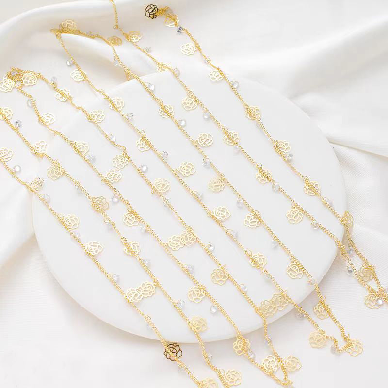 [WG1185] 1M Skeleton Rose flower & Zircon dangle O style Chain for Jewelry diy