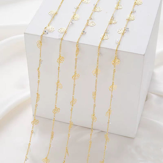 [WG1185] 1M Skeleton Rose flower & Zircon dangle O style Chain for Jewelry diy