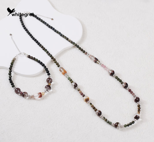 [WG0139] High Quality Natural Crystal Phantom Quart &Toumaline&silver925 Necklace and Bracelet  sets