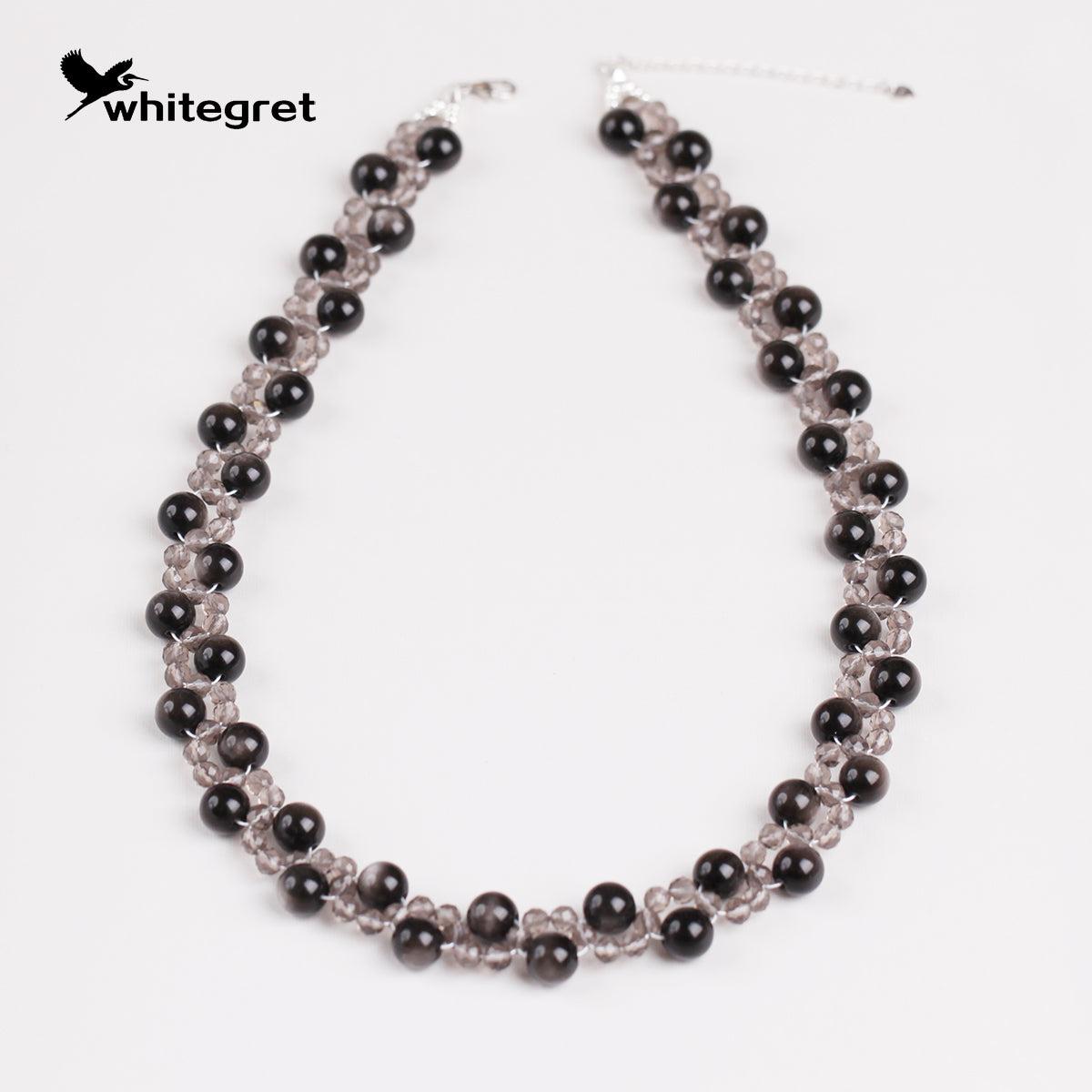 [WG0126] Natural Crystal Obsidian & Smoky Quartz & Silver925 Necklace