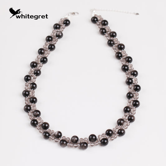 [WG0126] Natural Crystal Obsidian & Smoky Quartz & Silver925 Necklace