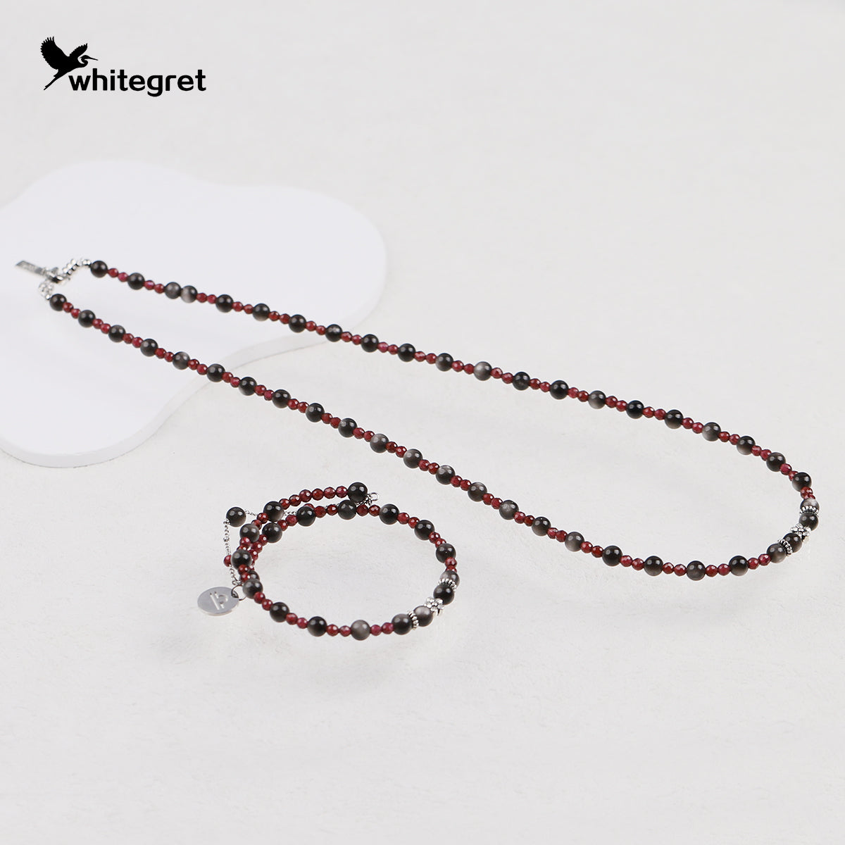 [WG0222] Natural Obsidian & Garnet Necklace and Bracelet set