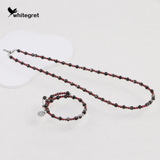 [WG0222] Natural Obsidian & Garnet Necklace and Bracelet set