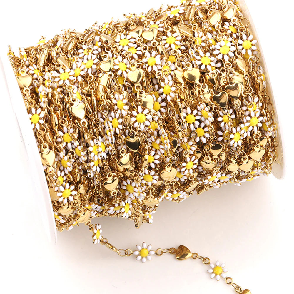 WG1043  Daisy and Heart Enamel Chain-Vacuum Plating Waterproof Stainless steel chain