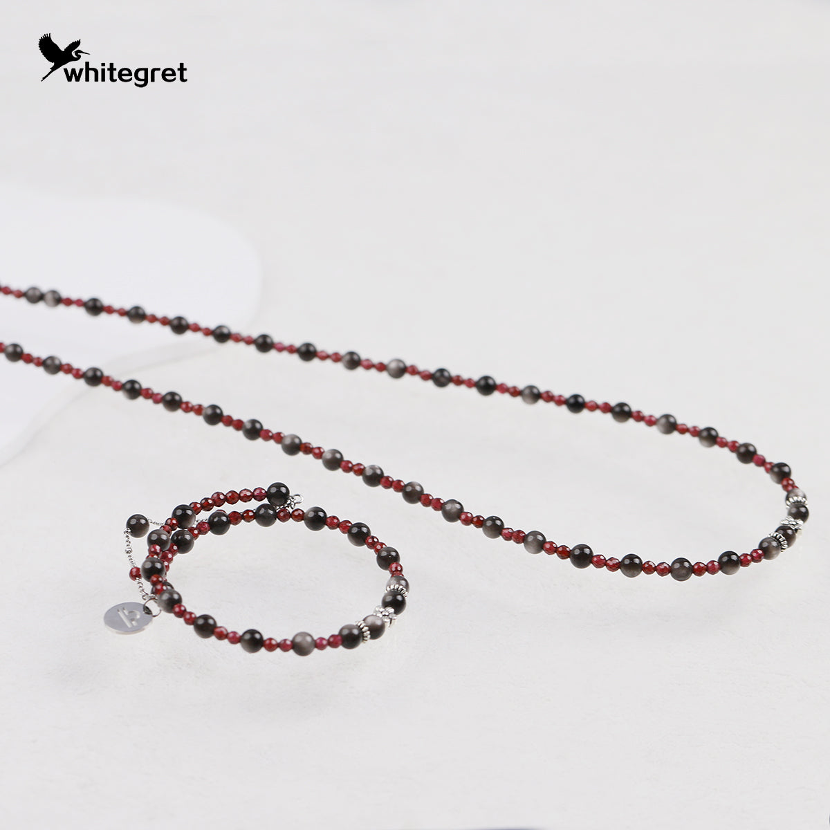 [WG0222] Natural Obsidian & Garnet Necklace and Bracelet set