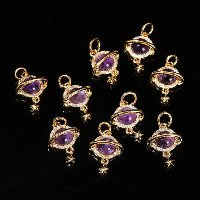 WG1072  Natural Amethyst Planet Pendant-diy charms