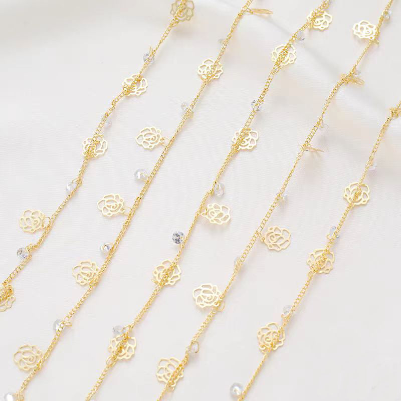 [WG1185] 1M Skeleton Rose flower & Zircon dangle O style Chain for Jewelry diy