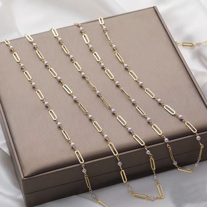 [WG1168] 1M 14k gold plated rectangular & pearl chain  for jewelry diy