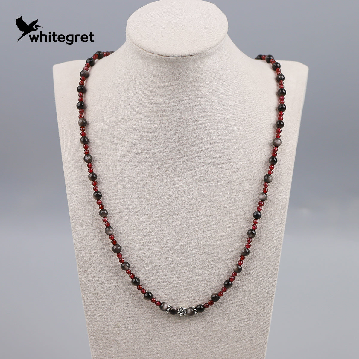 [WG0222] Natural Obsidian & Garnet Necklace and Bracelet set