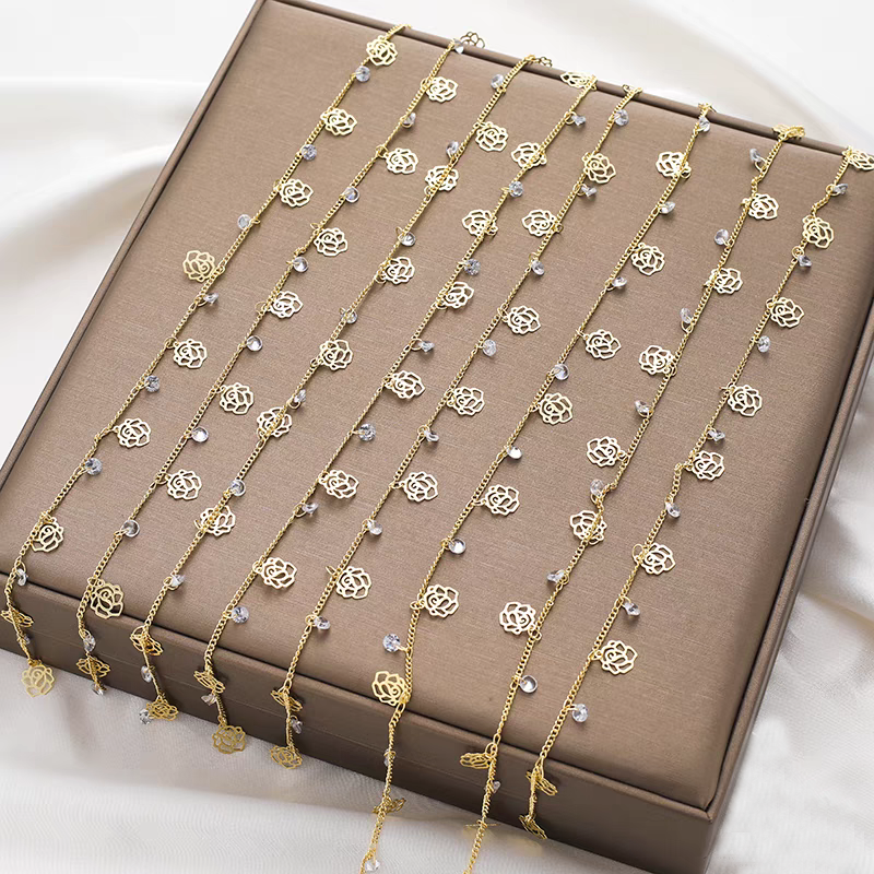 [WG1185] 1M Skeleton Rose flower & Zircon dangle O style Chain for Jewelry diy