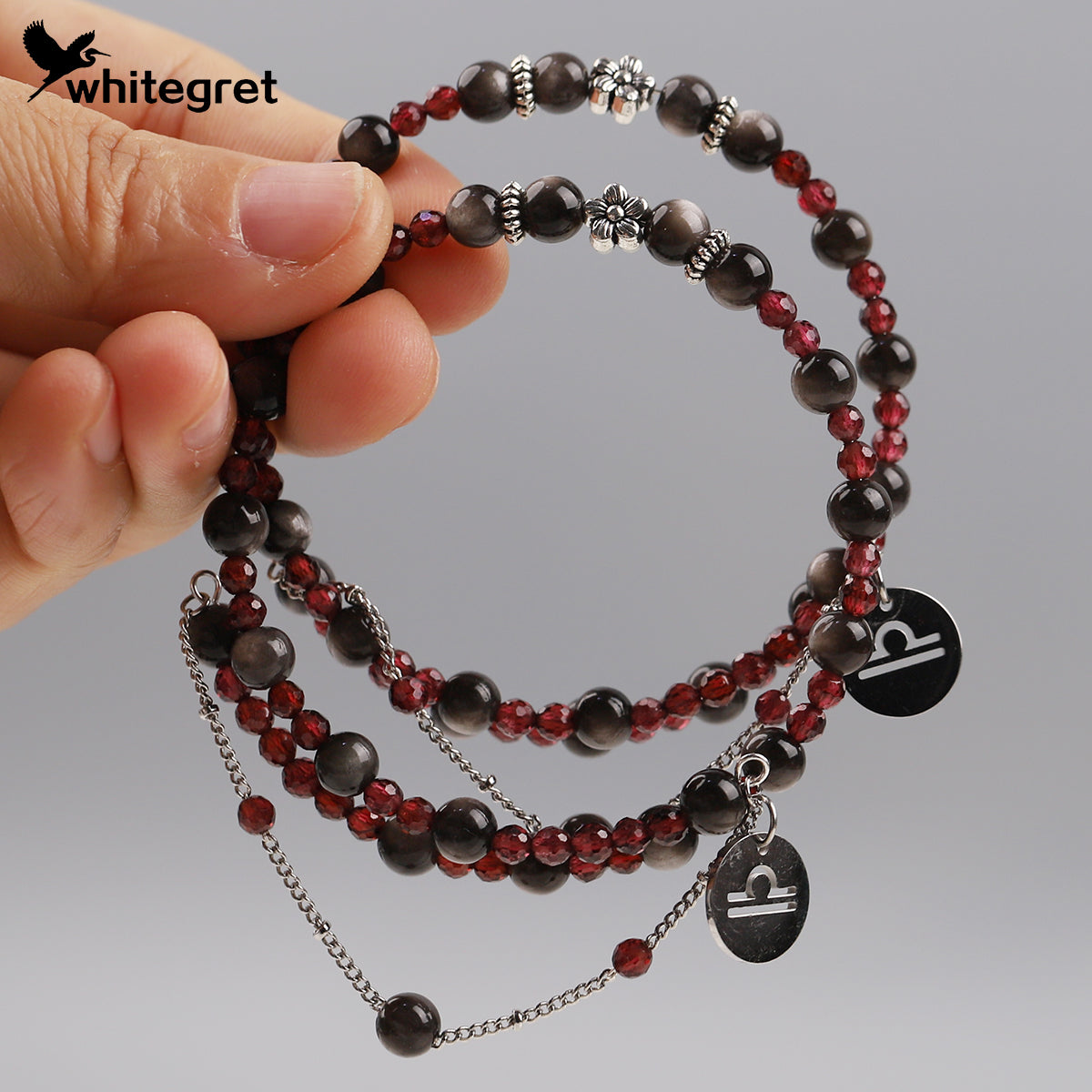 [WG0220] Natural Obsidian & Garnet Libra Bracelet