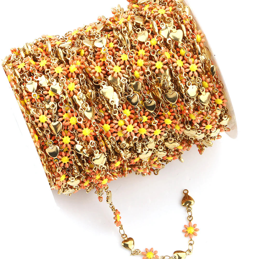 WG1043  Daisy and Heart Enamel Chain-Vacuum Plating Waterproof Stainless steel chain