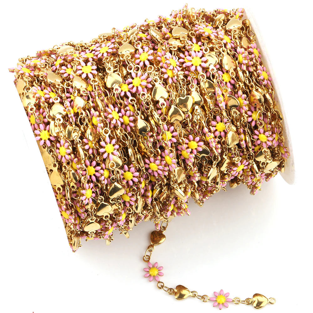 WG1043  Daisy and Heart Enamel Chain-Vacuum Plating Waterproof Stainless steel chain