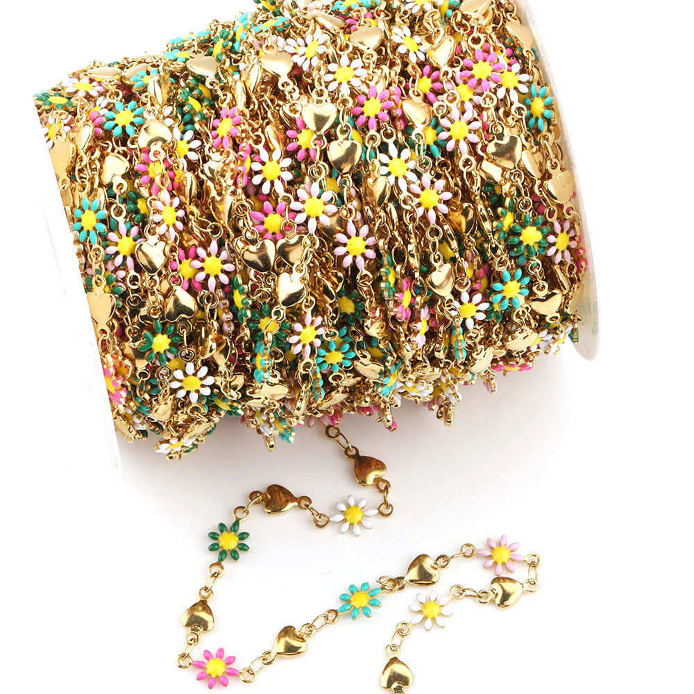 WG1043  Daisy and Heart Enamel Chain-Vacuum Plating Waterproof Stainless steel chain