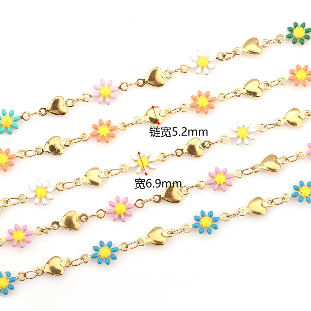 WG1043  Daisy and Heart Enamel Chain-Vacuum Plating Waterproof Stainless steel chain