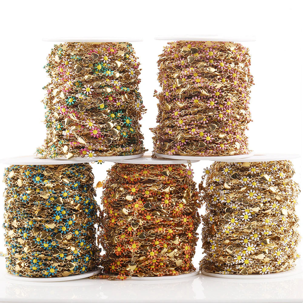 WG1043  Daisy and Heart Enamel Chain-Vacuum Plating Waterproof Stainless steel chain