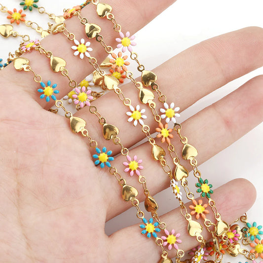 WG1043  Daisy and Heart Enamel Chain-Vacuum Plating Waterproof Stainless steel chain