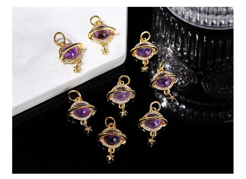 WG1072  Natural Amethyst Planet Pendant-diy charms