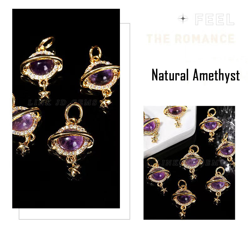 WG1072  Natural Amethyst Planet Pendant-diy charms